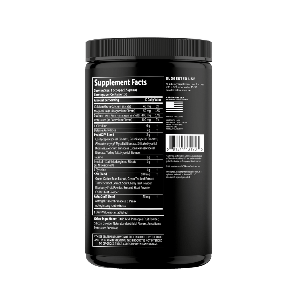Supplement facts label for White Lion Labs Non-Stim Pump Pre-Workout